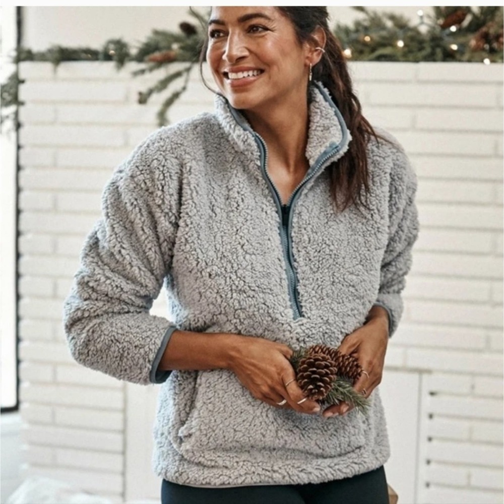 summersalt Plush Sherpa Quarter-Zip Pullover in Light Gray with Teal Trim